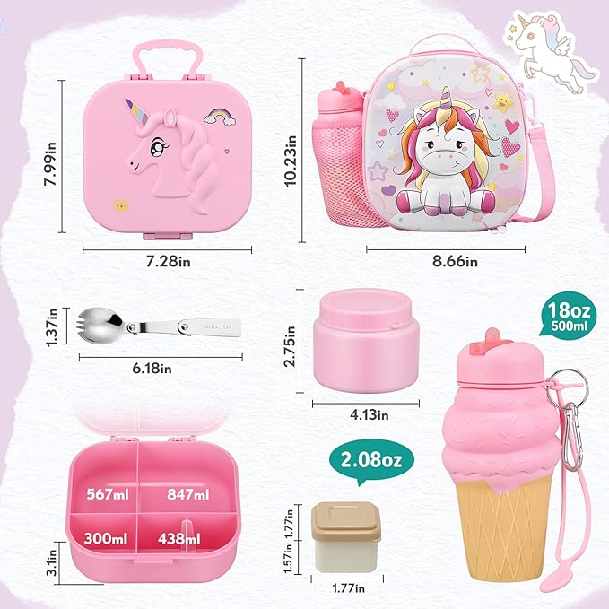 Kids Lunch Box Set -12oz Insulated Food Jar, Thermal Bag,Leakproof Lunch Food Containers Cutlery (BPA Free)-Gift for Girls/Boys Age 3-10(Pink+Pink Jar)