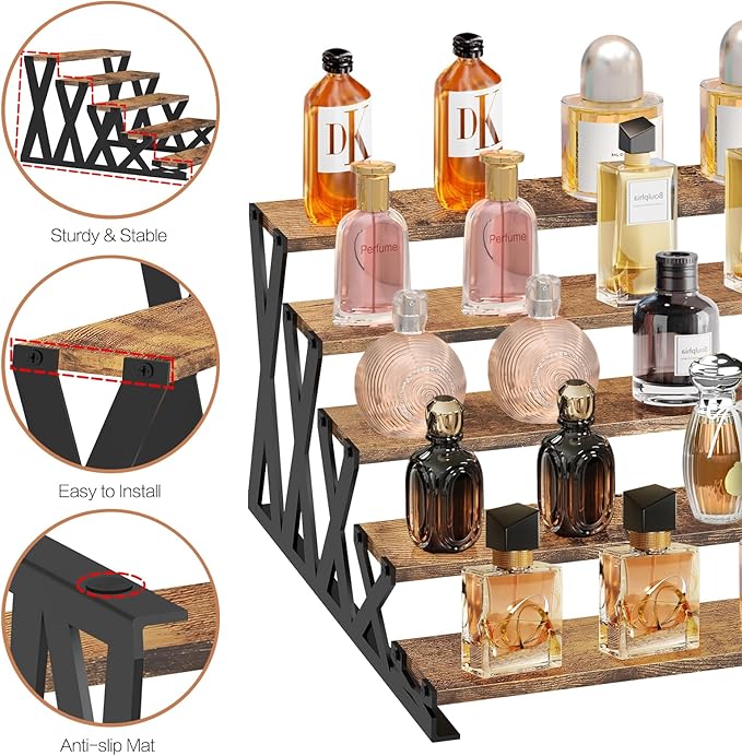 KALYLOC 5 Tier Wooden Display Riser Stand 13.8 Inch Metal Step Cologne Stand Perfume Organizer Tabletop Tiered Display Shelf Rack for Cupcake Spice Figures Cosmetics Candles (Brown, X-Shape)