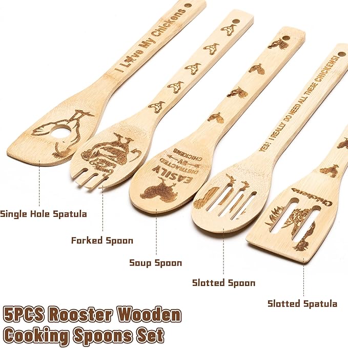 Eartim Wooden Cooking Spoon Utensil - 5Pcs Father's Day Chicken Rooster Kitchen Cooking Utensil Non-Stick Carve Burned Bamboo Spoon Set Slotted Spatula Cookware Kitchen Gadget Dad's Papa Birthday Gift
