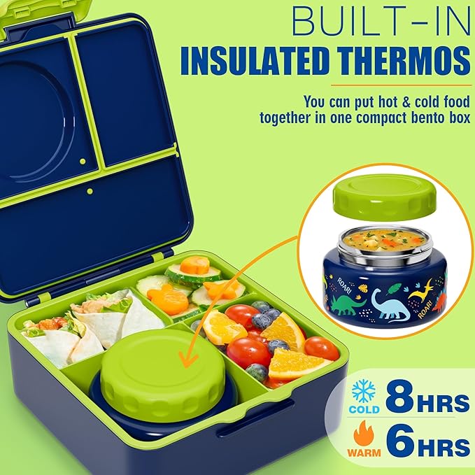 Fimibuke Kids Bento Lunch Box, Leakproof Toddler Bento Box with 8.5 OZ Insulated Food Jar, Lunch Bag, Kids Water Bottle, 3 or 4 Compartment Container for Back to School Toddler Girls Boys