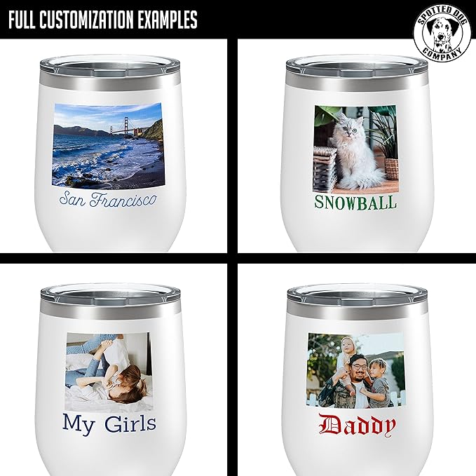 Personalized Mothers Day 12oz Photo Picture Printed Insulated Stainless Steel Powder Coated Stemless Wine Tumbler with Lid, Customized Mum Gift Idea for Her, Custom Mom Coach Gifts Team (White)