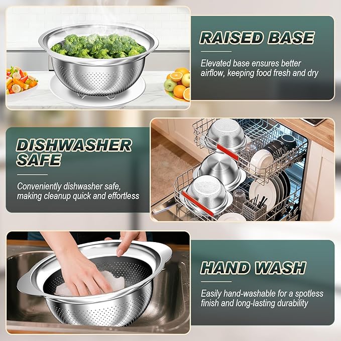 Colander for Kitchen - Stainless Steel Strainer - 3Pcs Strainers and Colanders with Handle, Kitchen Gadget, Food Strainer Basket for Pasta Noodles Spaghetti Vegetables Fruit, 2QT + 3QT + 3.5QT Bowl