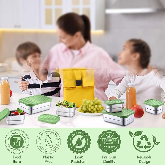Homikit 3 Pack Kids Lunch Box Set, 18/10 Stainless Steel Bento Boxes with Silicone Lids Leak Proof, 5 Cups Reusable Metal Food Snack Containers for School Daycare, Nontoxic & Dishwasher Safe, Green