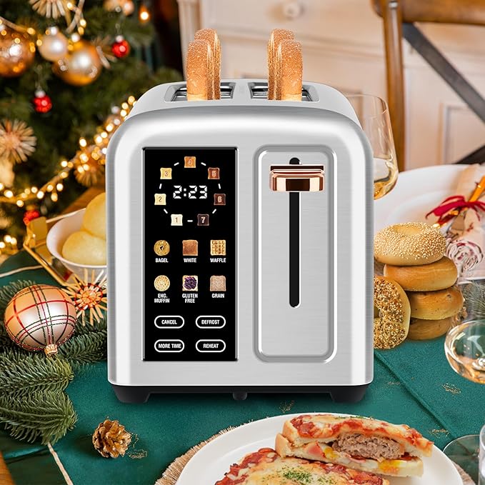SEEDEEM Toaster 2 Slice with Touch Screen, Faster Heating Speed, 7 Shade Setting, 6 Bread Type, 1.5”Wide Slots Toaster, Removable Crumb Tray, 1350W, Silver Metallic