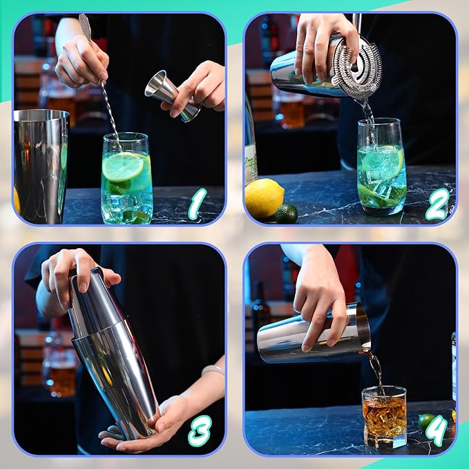 15 Pcs Cocktail Shaker Set Bartender Kit Boston Shaker Professional Bar Gifts with 18oz and 28oz Stainless Steel Martini Shaker Drink Mixer Strainer Measuring Jigger Alcohol Pourer