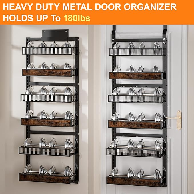 Over the Door Pantry Organizer,6 Tier Wall Mounted Hanging Spice Rack with Adjustable Basket,Heavy Duty Metal Back of Door Storage Shelf for Kitchen Pantry and Bathroom