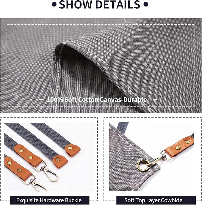 ZOMAO Chef Apron, Apron for Men Women with Adjustable Straps Cotton Canvas Cross Back Adjustable Apron with Pockets for Women and Men(Grey)