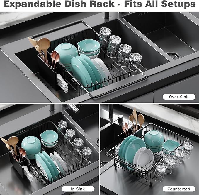 Dish Drying Rack in Sink: Expandable, 3-Slot Utensil Holder, Anti-Slip Handle. Small Dish Rack: Ideal for Small Households. Kitchen Drying Rack: Black