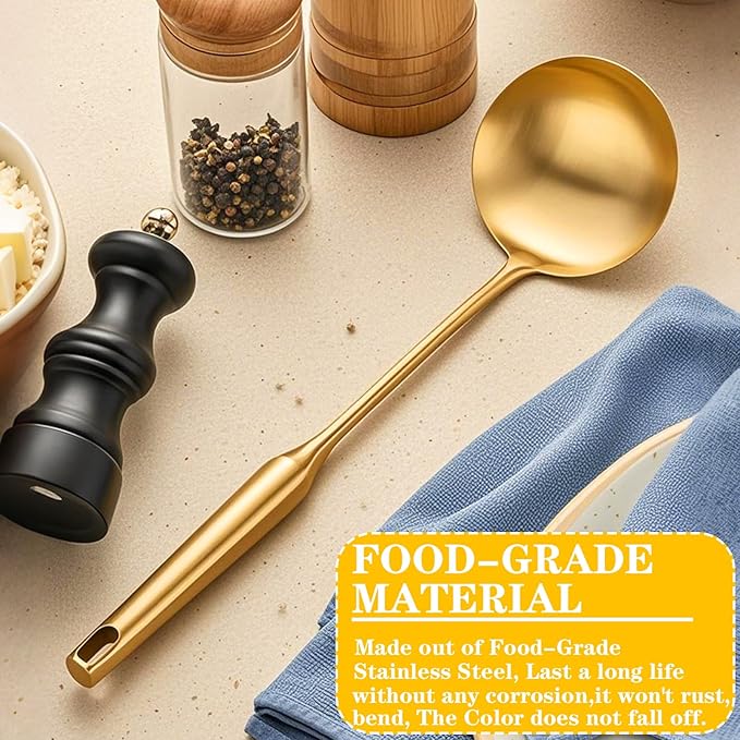 Soup Ladle, Stainless Steel Ladle spoon, Gold Ladles for Serving 14 Inch Serving Spoon Heavy Duty kitchen Utensils for Cooking Buffet, Party, Kitchen, Gold