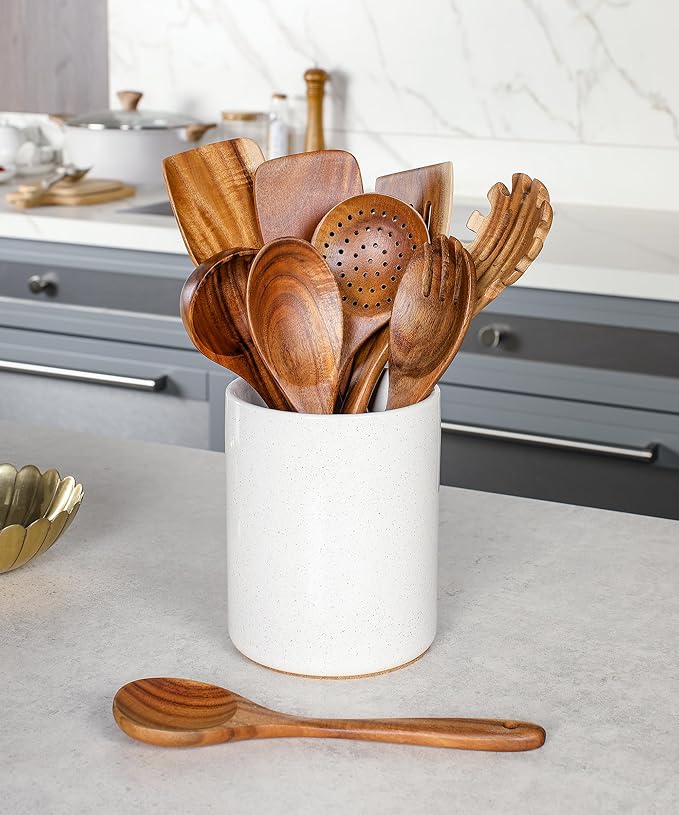 Nucookery Wooden Cooking Utensils Set with Holder, Teak Wood Utensils, Ceramic Holder for Countertop with Protection Cork Bottom, Nonstick Spoons, Cooking Spatula Set, 10 Pcs Kitchen Decor, (Sand)