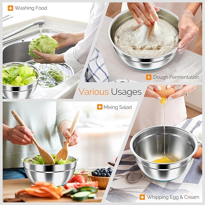 HaWare Mixing Bowls, 24-Piece Stainless Steel Salad Serving Bowl with Airtight Clear Lids, Metal Nesting Bowl For Kitchen Cooking Prepping Storing with 3 Graters, 4.6/2.6/1.5/1/0.7 QT, Teal Blue