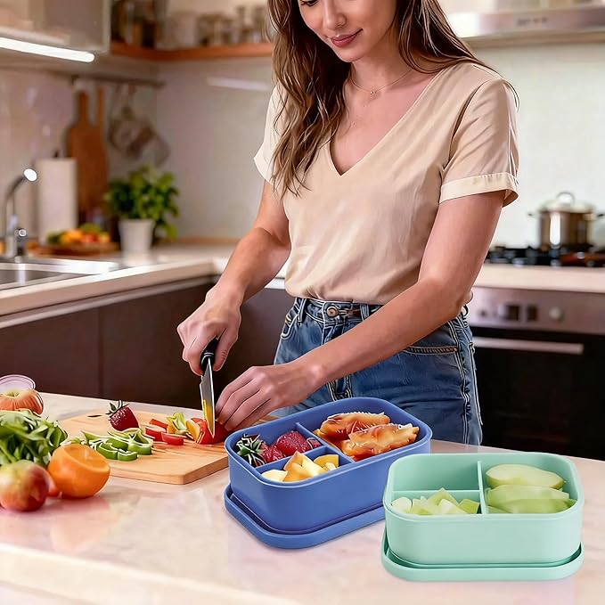 Silicone Adult Bento Box, 3 Compartment Leakproof Silicone Lunch Container, Lunch Box for Men and Women, BPA-Free, Microwave/Dishwasher/Freezer Safe, Reusable Snack Containers (3PCS-Mixed Color)