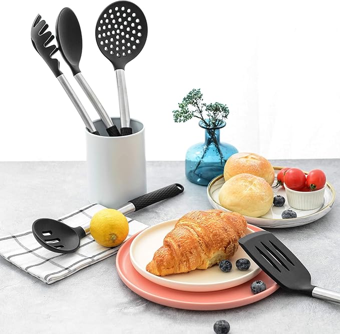 Rorence Silicone Cooking Utensil Set: 12 Pieces Kitchen Utensils Non-Stick & Heat Resistance Silicon And Stainless Steel Handles - Black
