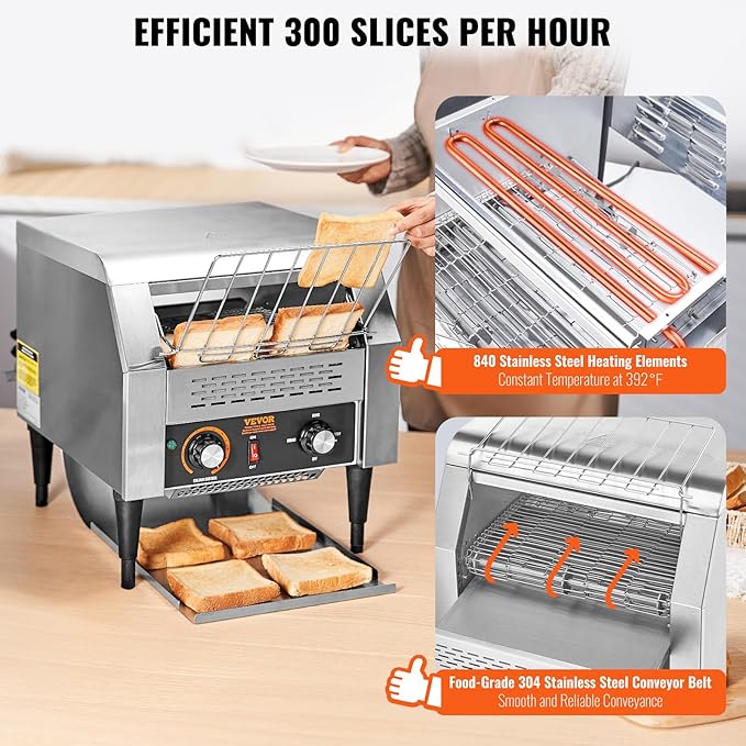 VEVOR Commercial Conveyor Toaster, 300 Slices/Hour, Heavy Duty Stainless Steel, Electric Restaurant Toaster for Toast, Bun, Bagel, Bread
