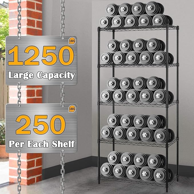 5-Shelf Metal Shelving Adjustable 1250Lbs Capacity, Storage Shelves for Garage Laundry Bathroom Kitchen Pantry Closet, NSF Certified Steel Organizer Wire Rack,Black, 72" H x 14" D x36 W