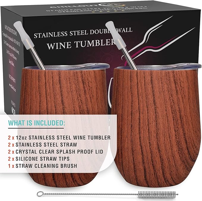 CHILLOUT LIFE 12 oz Stainless Steel Wine Tumblers 2 Pack - Double Wall Vacuum Insulated Wine Glasses Cups with Lids and Straws Set Keeping Cold & Hot for Coffee, Beer, Ice Cream - Wood Pattern
