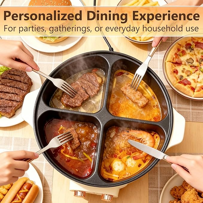 Four Grid Multifunctional Stew Pot, Electric Hot Pot 4 Compartment Divider Cooker, 6L Large Capacity Electric Slow Cooker, 1800W Integrated Non-Stick Hot Pots, for Home Party