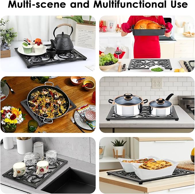 Sumnacon Extra Large Trivets for Hot Dishes,14.9 x 12 Inch Cast Iron Trivet with Rubber Feets,Heat Resistant Trivets for Hot Pots Pans,Metal Trivet for Kitchen Counter Dining Table Cooktop Stovetop