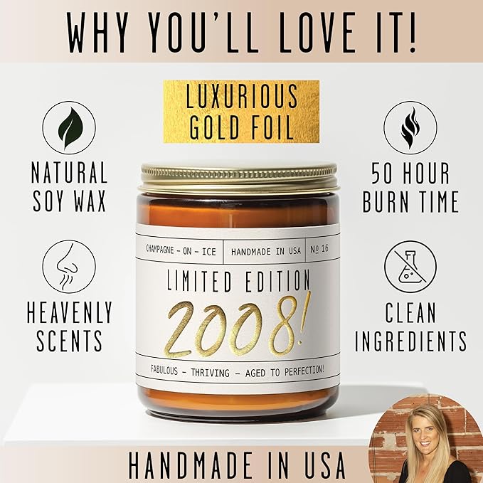 17th Birthday Gifts for Girls - 'Limited Edition 2008' Soy Candle, w/Champagne on Ice I 17 Birthday Gifts for Women I 17th Gift for Her Ideas I 9oz Reusable Jar, 50Hr Burn, Made in USA