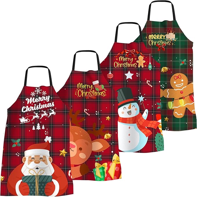 4 Pack Funny Christmas Kitchen Aprons for Women Men Adjustable Cooking Chef Aprons Waterproof Bib Aprons Cute Xmas Party Gift