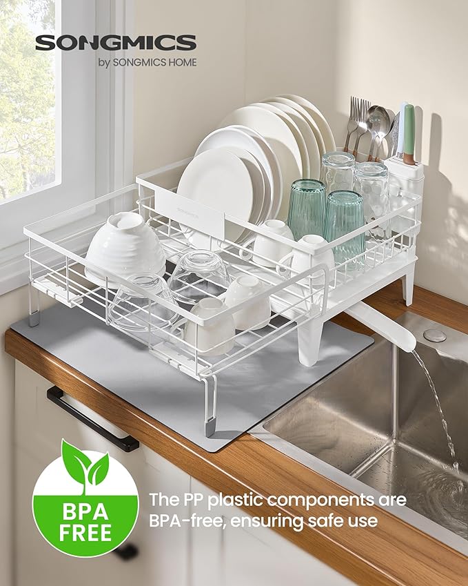 SONGMICS Dish Drying Rack, Kitchen Dish Rack, with Drainboard, 360° Rotatable and Extendable Spout, with Cutlery Holder, 12.2-22 x 16.5 x 7.9 Inches, Matte White and Dove Gray UKCS552W01