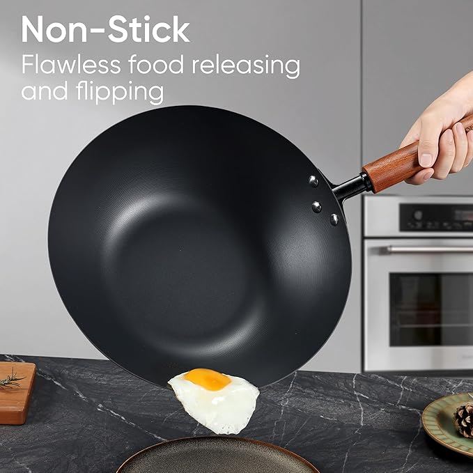CAROTE 12.5" Carbon Steel Wok Pan, 6.5QT Woks & Stir-fry Pans, No Chemical Coated Pre-Seasoned Flat Bottom Wok with Lid for Stir Fry, BBQ, Grill & Camping, All Stovetop Compatible, Black