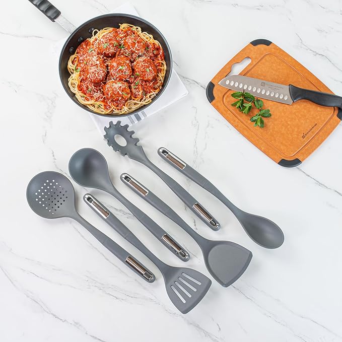 Restaurantware Silicone Utensil Set Pack of 1 Non-Slip Handle 6-Piece Kitchen Tool Set, Heat-Resistant Dishwasher-Friendly Cooking Accessories, Durable Gray Cooking Utensils