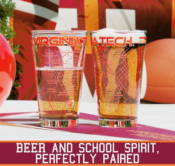 Greenline Goods – Virginia Tech University Hokies College Pint Beer Glasses (Set of 2), 16 oz – Full-Color Logo + Campus Map
