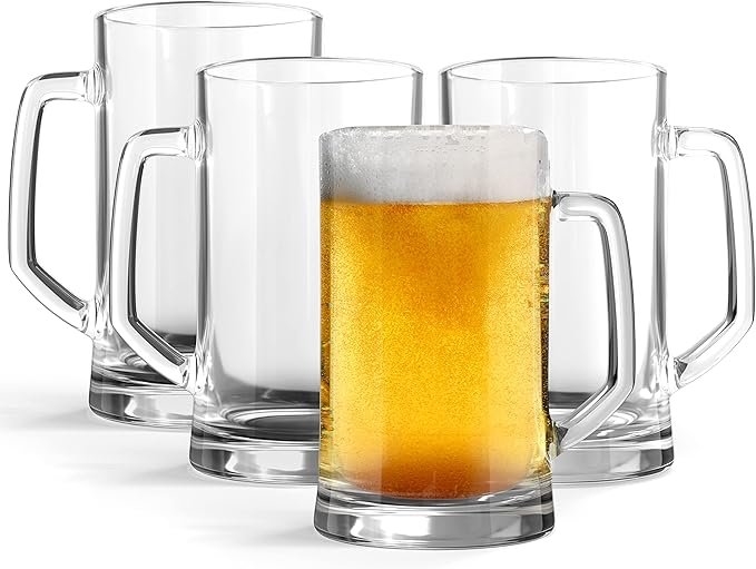 KooK Beer Mugs, Glasses Set of 4, 12.7 Oz, Clear Large Mugs, Gift for Men, With Handles, Large Drinking Cups for Tea, Coffee, Root Floats, Dishwasher and Refrigerator Safe, Durable