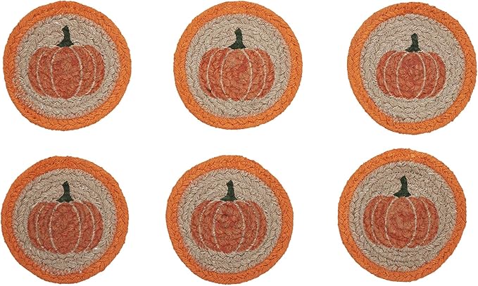 VHC Brands Harvest Blessings Natural Stencil Pumpkin Jute Coaster Set of 6, Decorative Fall Coasters, Table Decor for Fall Thanksgiving and Halloween