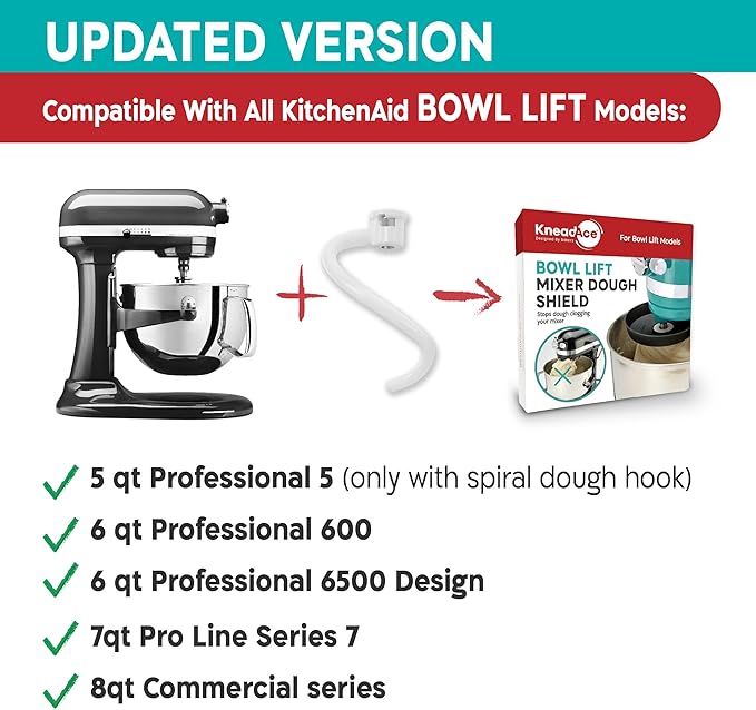 KneadAce Spiral Dough Hook Shield For kitchenaid Mixer-Prevents Dough from Clogging Your Bowl Lift Mixer- Compatible With KitchenAid Dough Hook. (With 2 Adapters-Fits All KA Spiral Hooks)