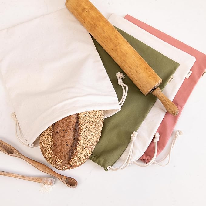 2-Pack Reusable Cotton Bread Bags (Green + Neutral) - Fits 2 Loaves | Food-Safe, BPA-Free Liner Keeps Homemade & Sourdough Bread Fresh | Eco-Friendly, Washable | BHTR Goods