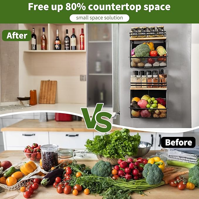 Imncya 2 Pack Magnetic Shelf for Fridge with Wood Lid, Large Container Magnetic Fruit Basket Spice Rack, Potato Onion Storage Organizer Magnetics Shelves for Refrigerator, Kitchen Counter, Pantry