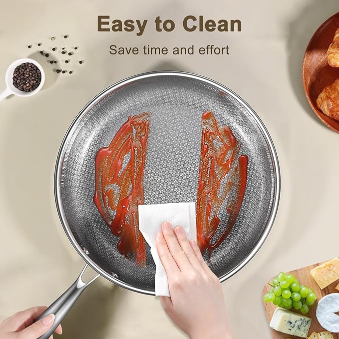 GiPP Tri-Ply Stainless Steel Frying Pan, 12 inch Hybrid Frying Pans Nonstick Skillets, Dishwasher and Oven-Safe, Induction Ready, Compatible with All Cook tops, PFOS/PFOA Free