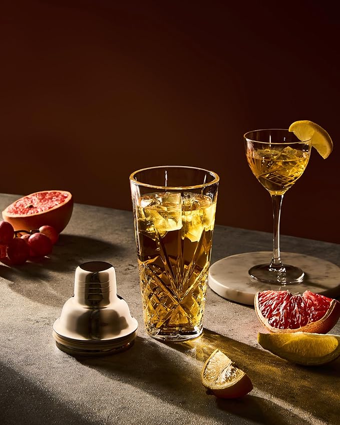 Glass Cocktail Shaker, 15oz Cut Design - Exquisite Drink Shaker for Elevated Mixology. Perfect for Crafting Artisan Cocktail, Martini,Espresso. (Thick &Heavy Shaker & S.Stainless Silvery Pourer/#304)