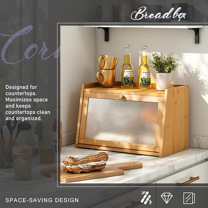 Large Farmhouse Bread Box with Window - Natural Wood Bread Storage Container for Kitchen Countertop