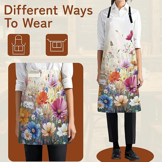 Apron with Pockets for Women, Adjustable Kitchen Cooking BBQ Chef Apron, Gifts for Mom Birthday, or Holidays
