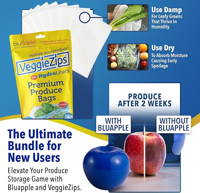 Bluapple Produce Saver Ethylene Gas Absorber & VeggieZips Ultimate Starter Pack Bundle - Fresh Vegetables & Fruits Saver, Produce Storage, Fruits & Veggies Keepers for Refrigerator, Regulates Humidity