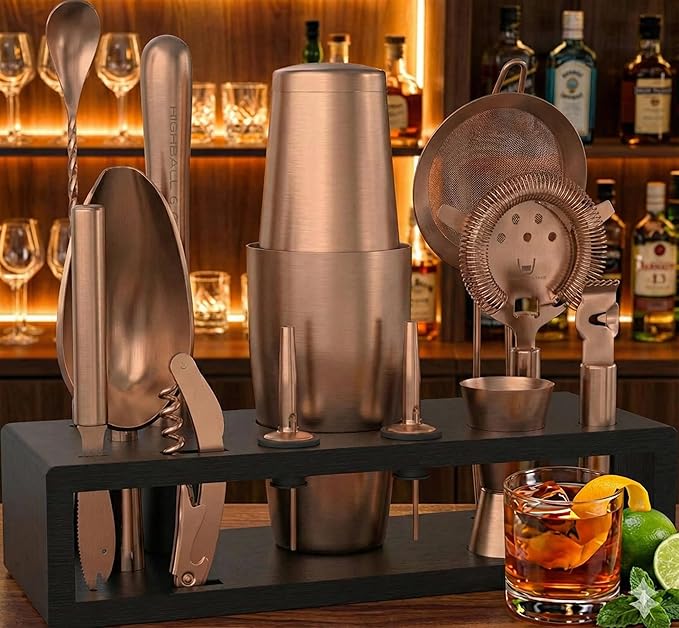 Highball & Chaser Bartender Kit with Black Bamboo Stand Beautiful Cocktail Shaker Set and Bar Tools Stainless Steel Boston Shaker Bartender Kit with Stand (Antique Copper)