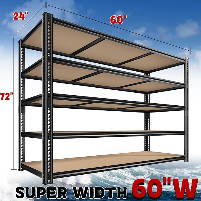 60" W Garage Shelving 72" H Metal Shelving 3500LBS Storage Shelves Heavy Duty 5 Tier Adjustable Shelving Unit for Storage Rack Pantry Shelf Commercial,60" W x 24" D x 72" H