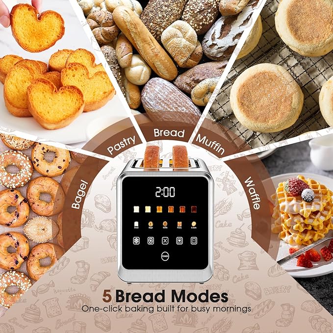 2-Slice Smart Toaster, Digital Touchscreen with Memory Function, 1.5" Extra-Wide Slots, 5 Bread Types & 6 Browning Settings, 900W for Fast Toasting, Defrost & Reheat Modes