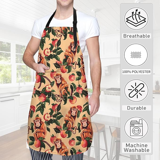 Peach Monkey Apron,Oxford Fabric Adjustable Kitchen Apron with 2 Pockets,Waterproof Cooking Aprons for Men Women Mom Wife Dad,Ideal Gifts for Coffee House,Shop,Baking,BBQ,Housewarming,28x33in