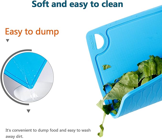 Liflicon Thick Cutting Boards for Kitchen Silicone Chopping Board Set of 2 Mid 12.6'' x 9.1”,Mini 9.1”x7.1” Non-slip Deep Drip Juice Groove Easy Grip Handle,Dishwasher Safe-Blue