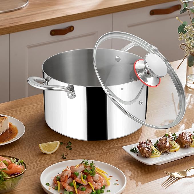 Herogo 6 Quart Stock Pot, 18/10 Stainless Steel Pasta Stockpot with Lid, 6 QT Cooking Pot with Handles, Tri-Ply Stockpot for Induction Gas Electric Stove, Dishwasher Safe