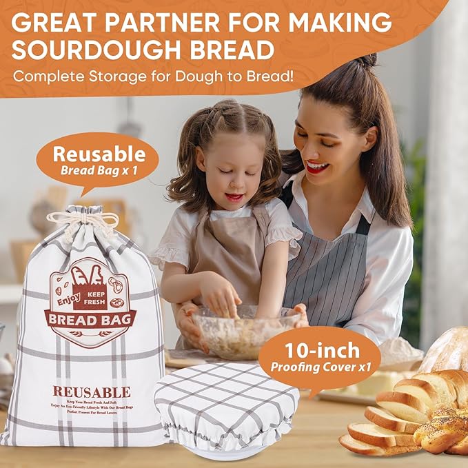 Bread Bag for Homemade Sourdough Bread and Proofing Cover, Reusable Linen Sourdough Bread Storage Bag - Bread Boxes with Dough Proofing Bowl Cover