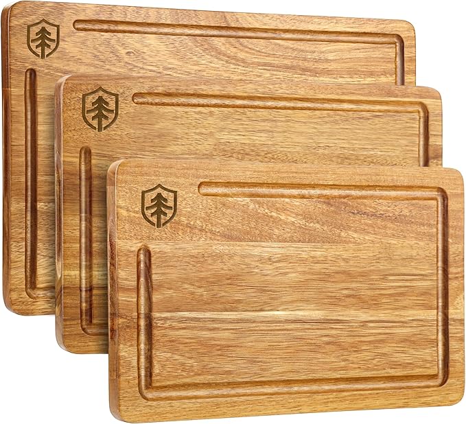 Acacia Wood Cutting Board for Kitchen, Solid Wood Chopping Board with Built-In Handle and Juice Groove, Large Durable Wooden Cutting Boards Set of 3 for Meat, Vegetables and Fruits (Brown)