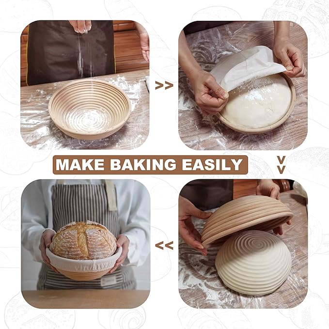 Banneton Bread Proofing Basket set of 3, 9 Inch Round Sourdough Proofing Baskets with Liner,Dough Proofing Bowls,Made of Natural rattan,for Sourdough Bread Baking Supplies