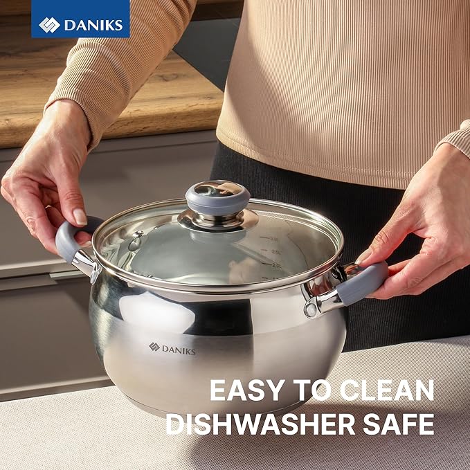 Daniks Modern 3 Quart Stainless Steel Stock Pot with Glass Lid, Tri-Ply Bottom for Even Heating, Induction Compatible, Dishwasher Safe, Heatproof Handles