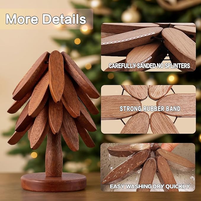 Wooden Trivets for Hot Dishes, Tree Shape Trivet Set, 4 Walnut Wood + 1 Stand stored Like a Christmas Tree,Foldable Kitchen Wooden Trivet,for Hot Dishes、Pot、Bowl、Teapot、Hot Pot Holder(Walnut Wood)