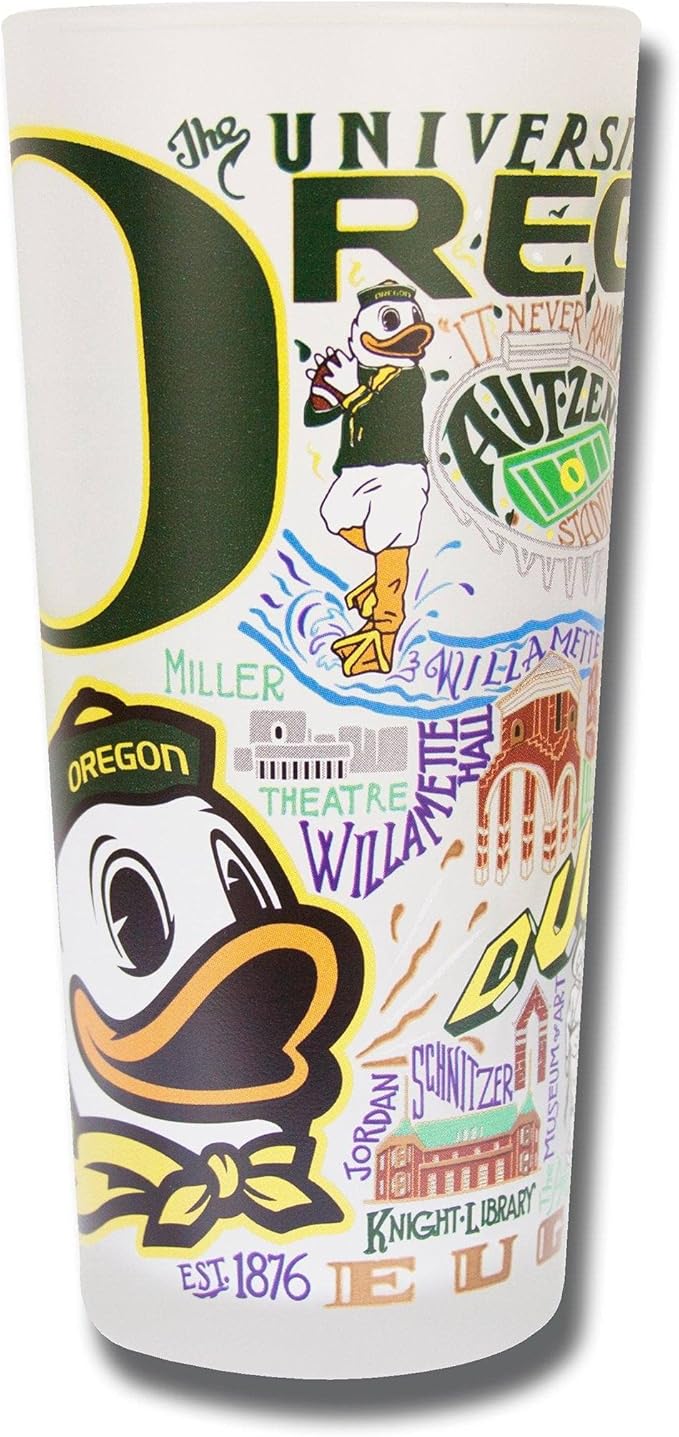 Catstudio Drinking Glass, University of Oregon Glass Cup for Kitchen, 15oz Dishwasher Safe Tumbler for UO Alumni